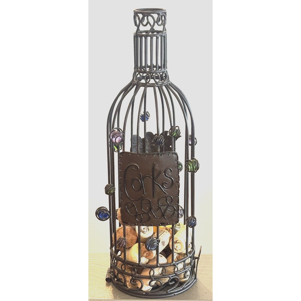 Metal Wine Bottle Cork Cage Holder Bronze Color 13.75" T w Some Corks Decorative